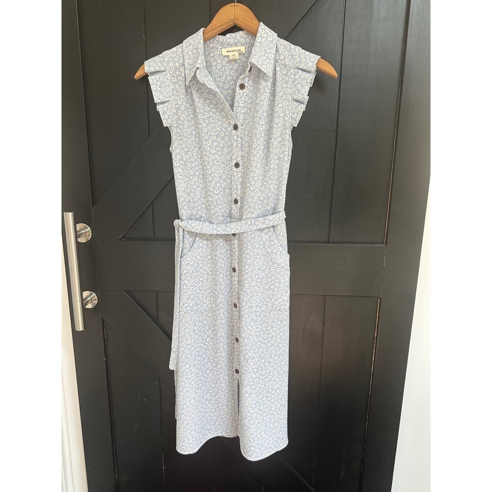 Monteau Los Angeles Floral Midi Shirt Dress Blue Button Front Belted Size S